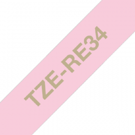 BROTHER TZe-RE34 с тканевой лентой шириной 12 мм (золотистый шрифт на розовом фоне, 4м)
